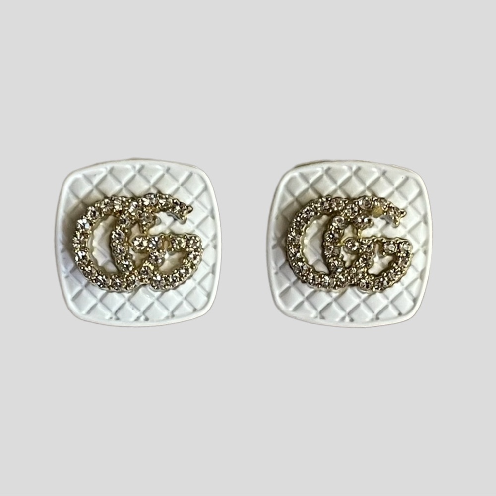 White Quilted Initials GG Earrings
